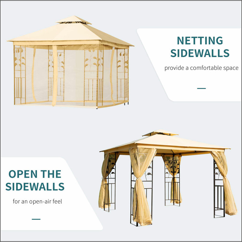 10' x 10' Metal Patio Gazebo, Double Roof Outdoor Gazebo Canopy Shelter with Tree Motifs Corner Frame and Netting, for Garden, Lawn, Backyard, and Deck