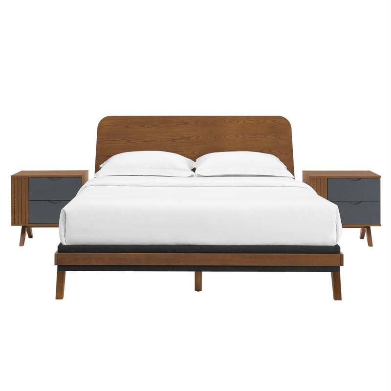 Walnut Finish MDF Wood and Fabric Queen Bedroom Set with Platform Bed and Nightstands