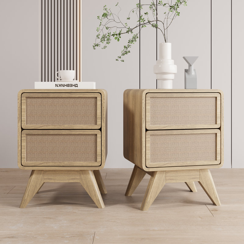 Natural Wood and Linen 2-Drawer Nightstand Set with Tapered Legs