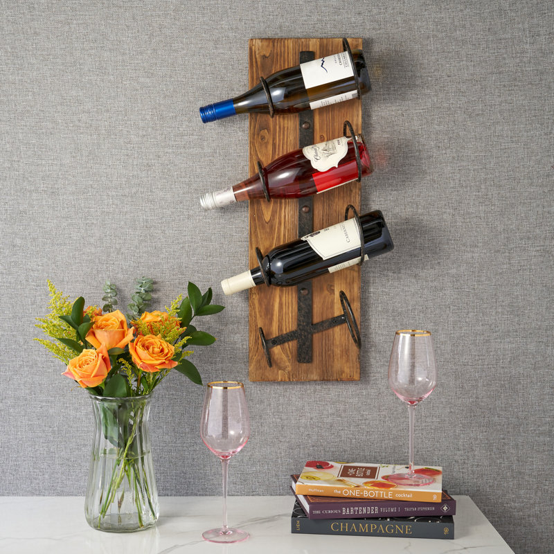 Rustic Natural Wood and Metal Wall Mounted Wine Rack