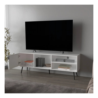 Meuble télé blanc avec rangement et porte ouverte
