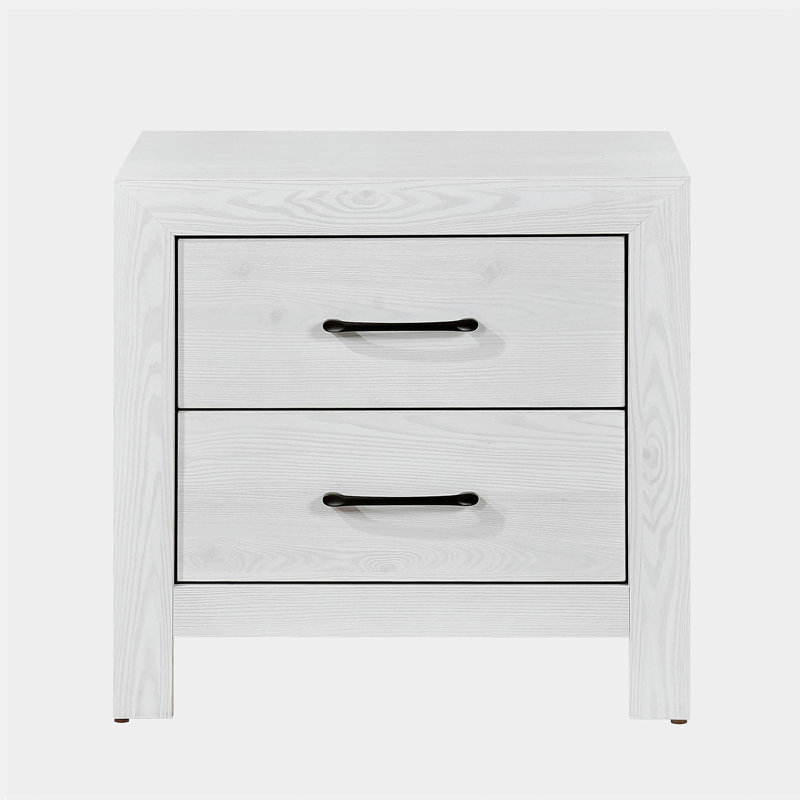 Table de chevet moderne à finition blanche avec 2 tiroirs et quincaillerie noire
