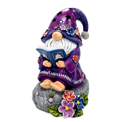 Figurine de gnome lecteur de livre solaire Enchanted Sagesse, statue de jardin mauve illuminée 8 po