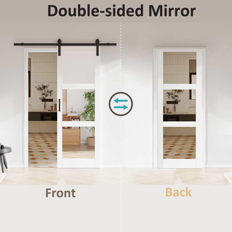 Double-sided  Glass Mirror and Solid Manufactured Wood Sliding Barn Door with Installation Hardware Kit, 36" x 84"