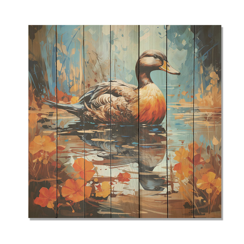 Canard bleu et brun dans un étang II - animal canard sur bois, H 30 po x l 30 po