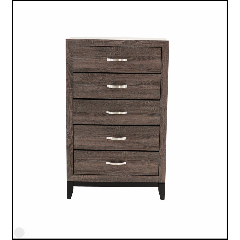 Grande commode rustique en chêne gris rustique avec 5 tiroirs, rangement durable et élégant pour les chambres à coucher modernes