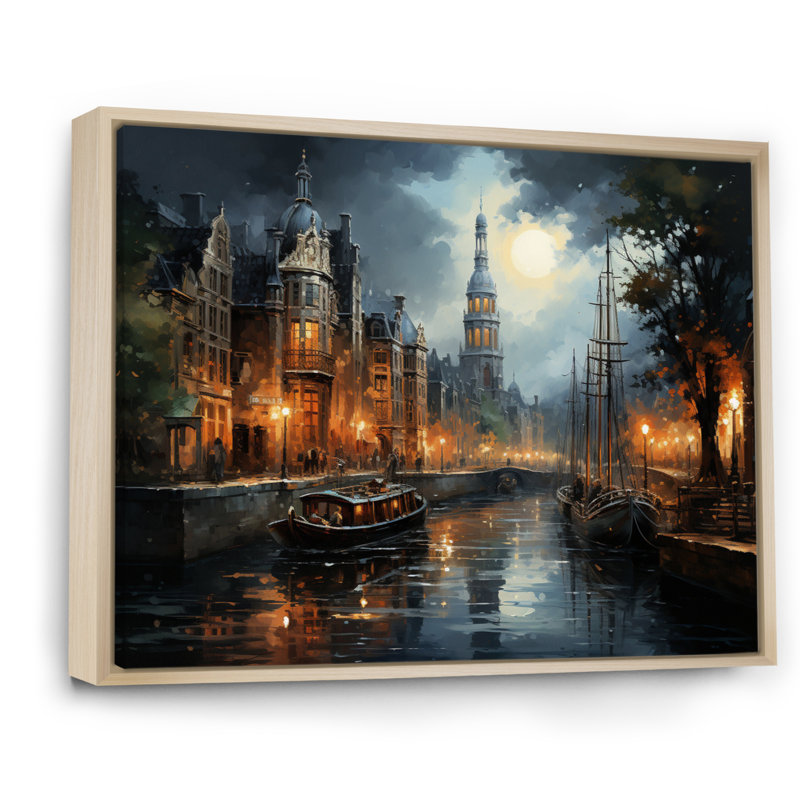 «Danemark Amsterdam Canal at Night I», reproduction sur toile, H 24 po x l 32 po x P 1 po, Cadre naturel flottant