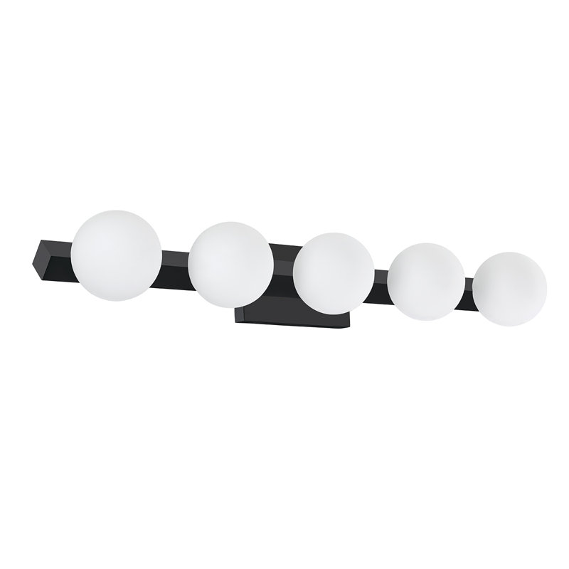 Coiffeuse Orbitron avec globes en verre blanc opale pour un décor élégant, 5 lumières, Noir, H 4,7 po x l 35 po x P 6,7 po