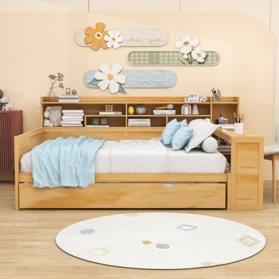 Wooden Daybed with Storage Shelves, Trundle Bed and Study Desk