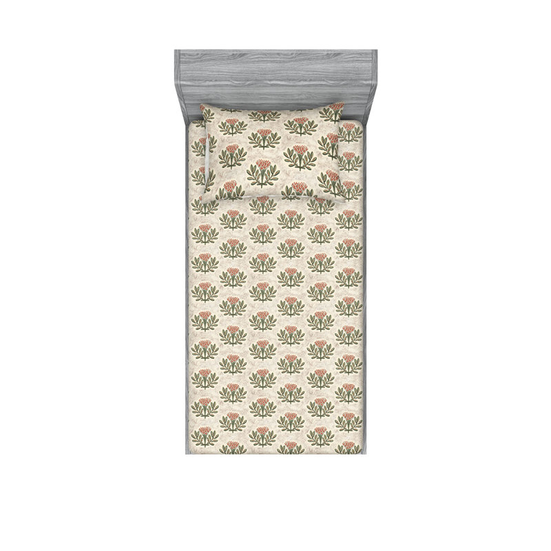Ambesonne Fitted Sheet & Shams, Twin XL Sheet Set with 1 Pillowcase, Eggshell/Olive Green Flower