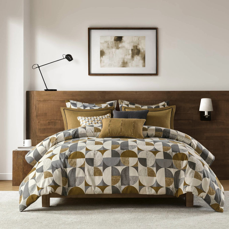 Édredon très grand de 9 pièces en or, motif géométrique scandinave de style Mid-Century, confortable et paisible toutes saisons, housse de couette amovible avec attaches intérieures, espace de sommeil, bouton caché
