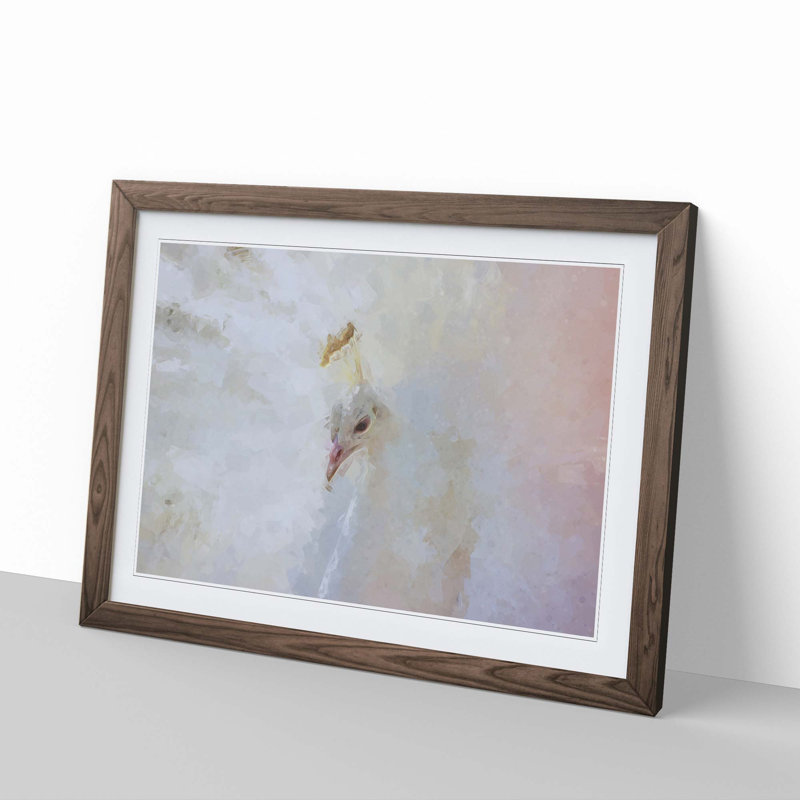 White Peacock in Abstract - Picture Frame Graphic Art Print, 40cm H x 60cm W x 2cm D, Walnut