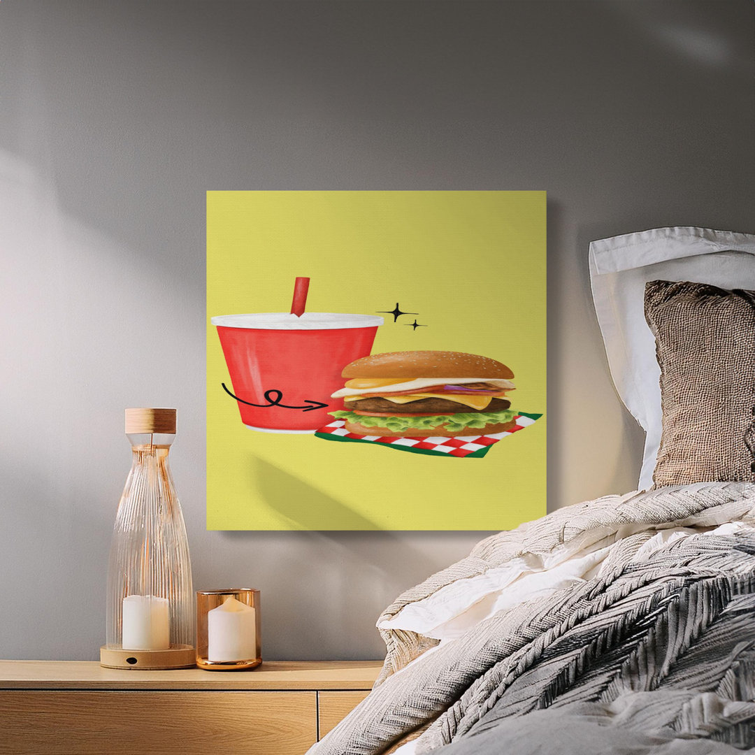 Fast Food Burger and Soda Canvas Wall Art, Retro Pop Art Kitchen Decor, Fun Game Room Print, Unique Foodie Gift