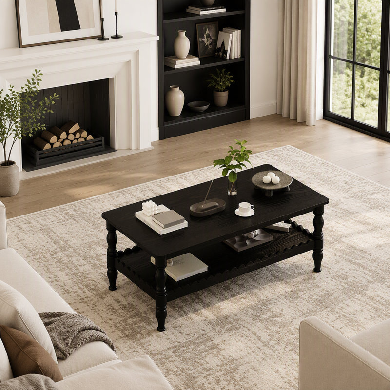 Table basse 43,3 "en bois massif noir avec tablettes