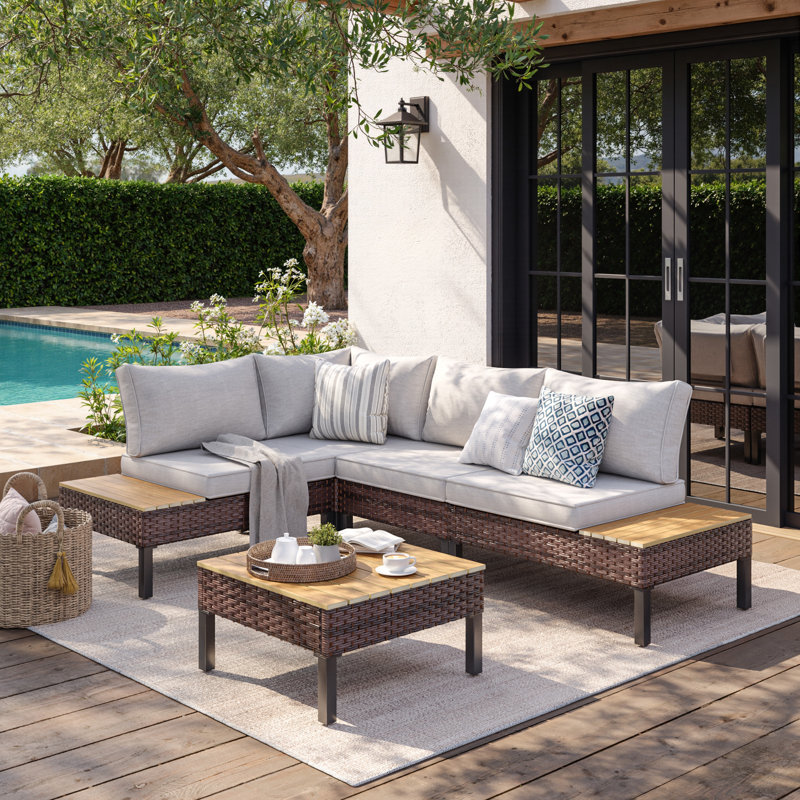 L-Shaped Rattan Outdoor Patio Sofa Set, Beige, 4