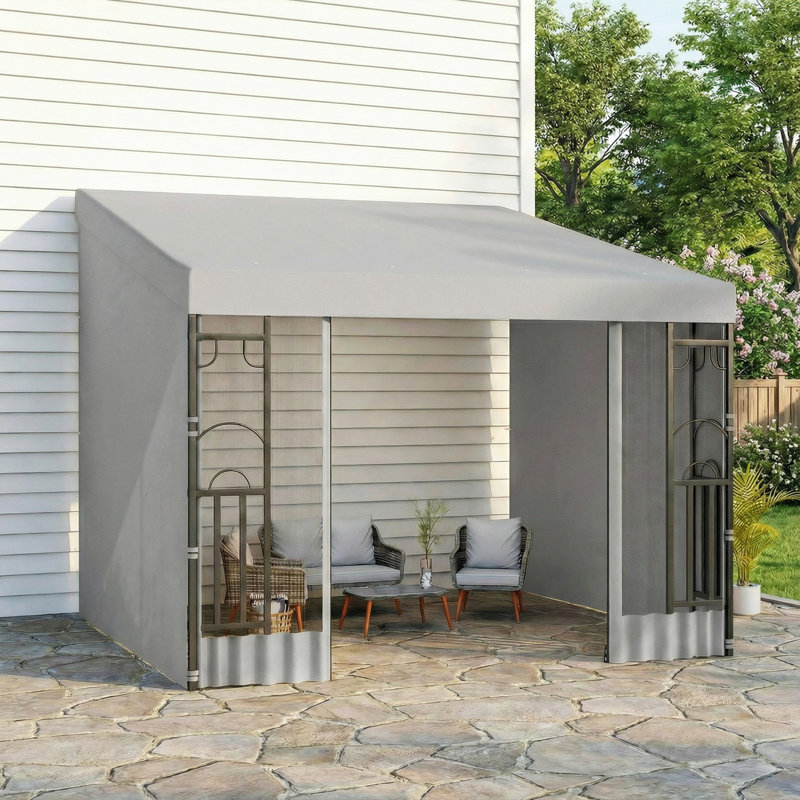 Pavillon de jardin mural 10 'x 10' avec rideaux et filets, Gris clair