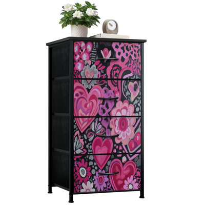 Commode moderne pour la chambre à coucher avec 4 tiroirs de rangement Imprimé léopard éclatant Coeurs roses audacieux Commode à design floral Commode en acier avec cadre en tissu pour vestibule