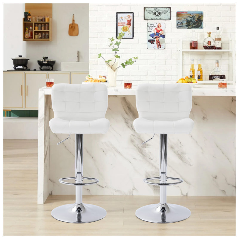 Ensemble de 2 tabourets de bar touffeté à oreilles à hauteur réglable et pivotant pour Kichen Island, blanc