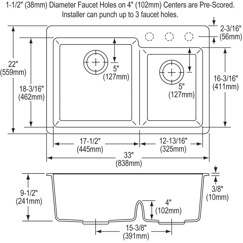 Quartz Classic 33" L x 22" W Double Basin Top Mount Kitchen Sink with Aqua Divide, Bisque