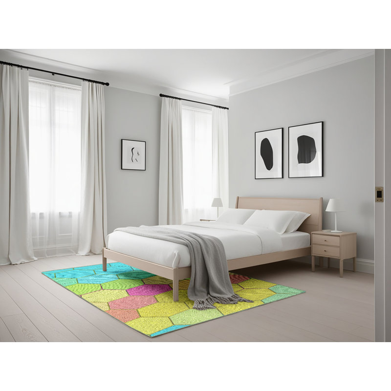 Tapis jaune à motif géométrique Kinchen, Rectangle 5 pi x 7 pi