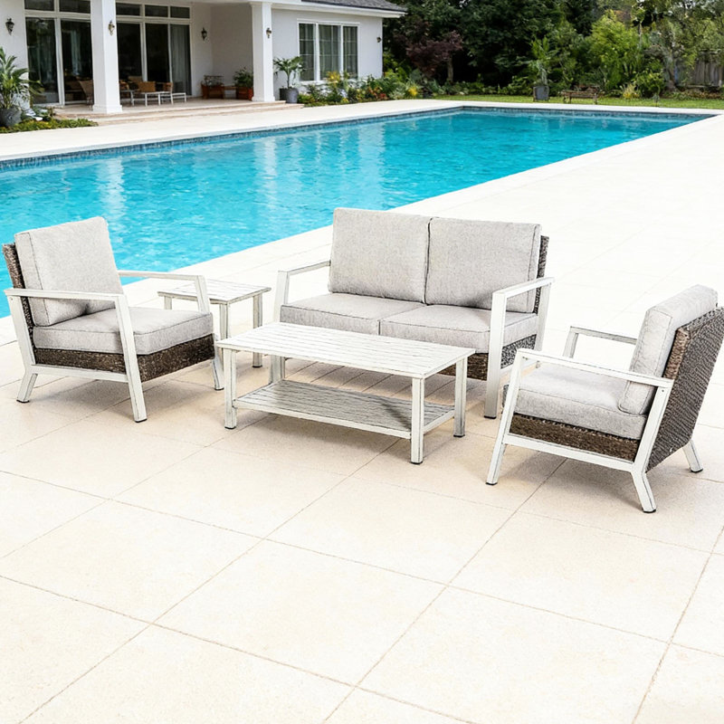 Mobilier d'extérieur 5 pièces avec chaises, table basse et table d'appoint, cadre de patio brun et gris avec rangement à deux niveaux résistant à l'eau et à l'eau