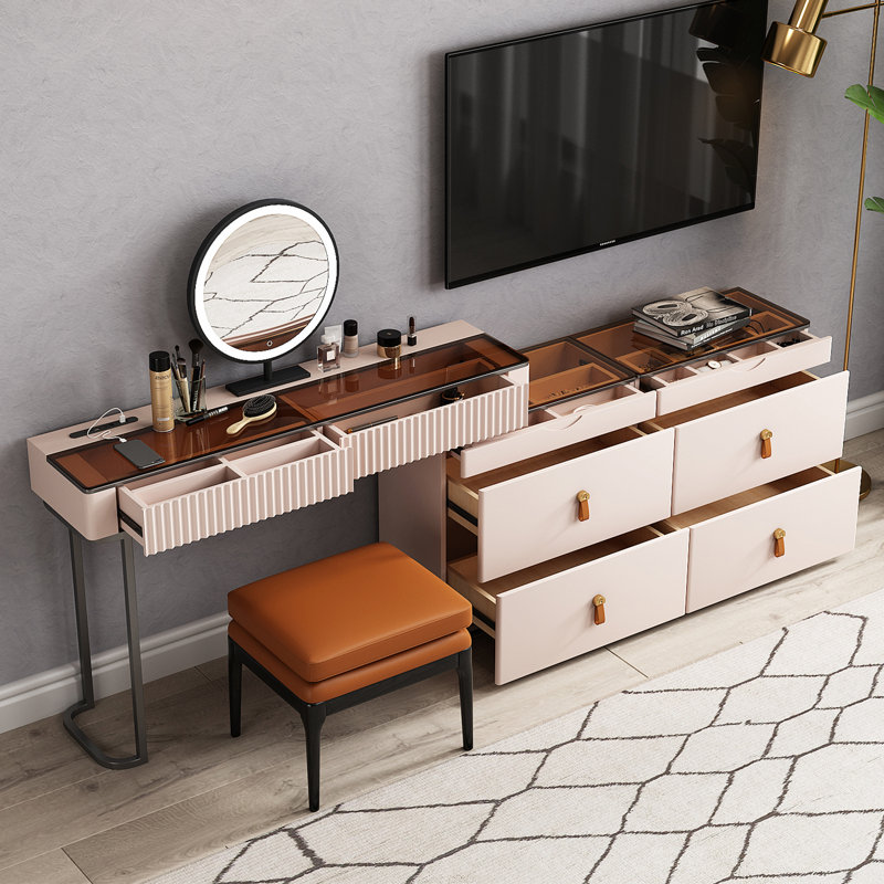 Ensemble de meuble-lavabo en verre avec prise intégrée, tabouret inclus, espace de rangement supplémentaire, très facile à assembler