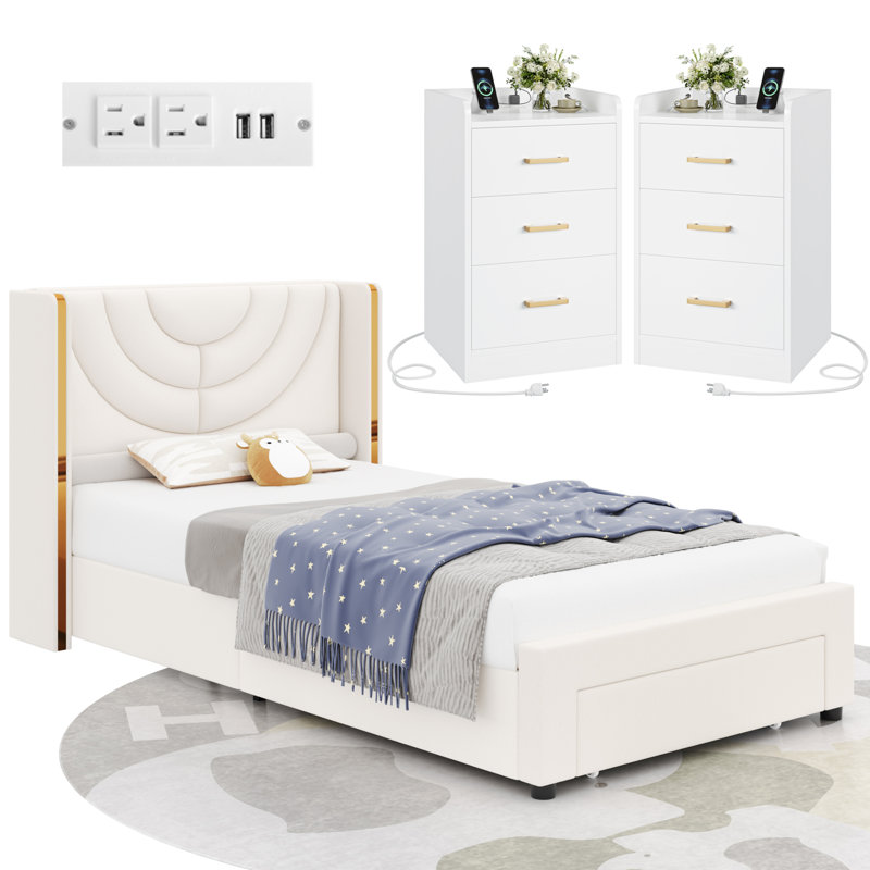 3 Piece Modern Bedroom Set With LED Storage Bed & Charging Nightstands, Twin