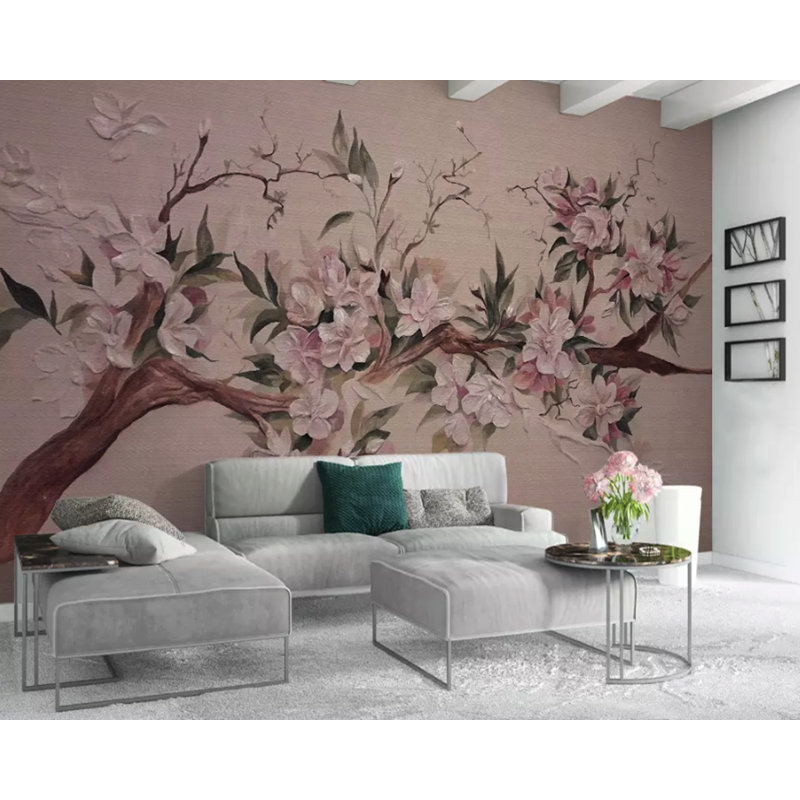 Sonate en fleurs sur des branches mauves, L 120 po x l 204 po