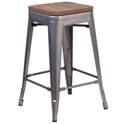 Gladus 24" High Backless Clear Coated Metal Counter Height Stool - Square Wood Seat