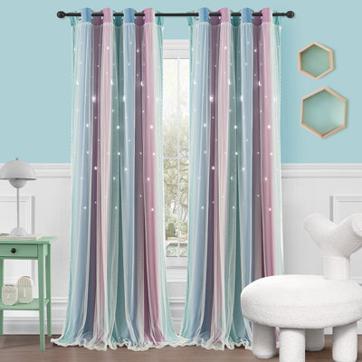 Double Layer Hollow Star Blackout Curtains for Kids Bedroom, Gradient Rainbow Window Curtains with Sheer Overlay, Grommet Thermal Insulated Room Darkening Drapes for Girls Nursery Living Room, 2 Panels