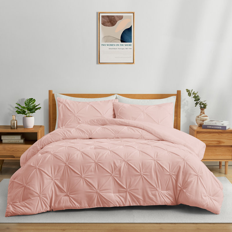 Box Stitch Geometric Shapes Comforter, Full Comforter + 2 Additional Pillowcases, Pink