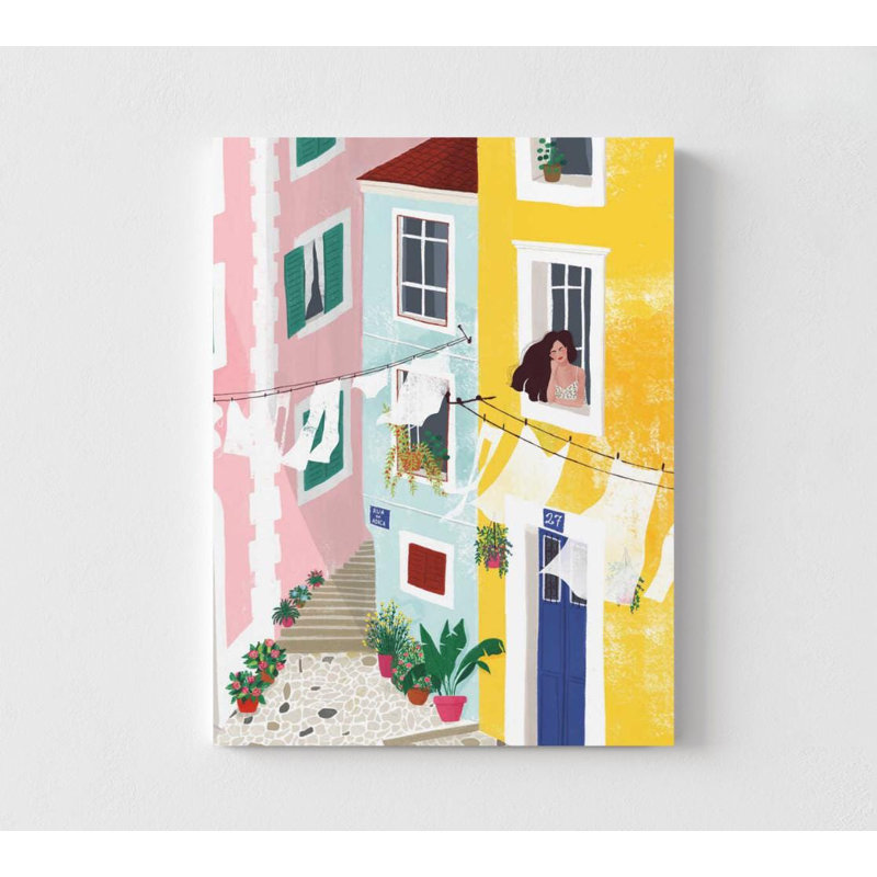 «Morning in Lisbon - Colorful Street Scene», reproduction d'art, Impression encadrée sans passe-partout, Ne s’applique pas