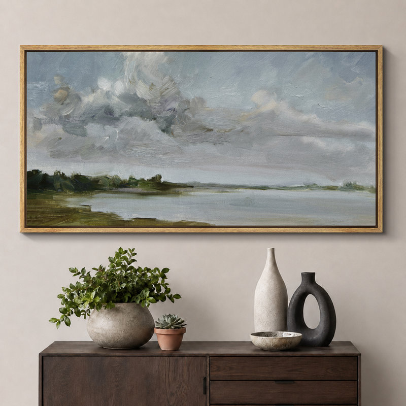 Tranquil Landscape Soft Brushstroke Lake Scene, reproduction d'art sur toile, H 30 po x l 60 po, Naturel