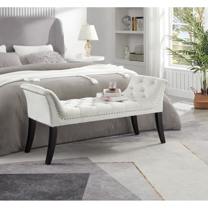 Banc de repose-pieds capitonné avec accoudoirs, tabouret de repose-pieds rectangulaire en tissu de velours beige