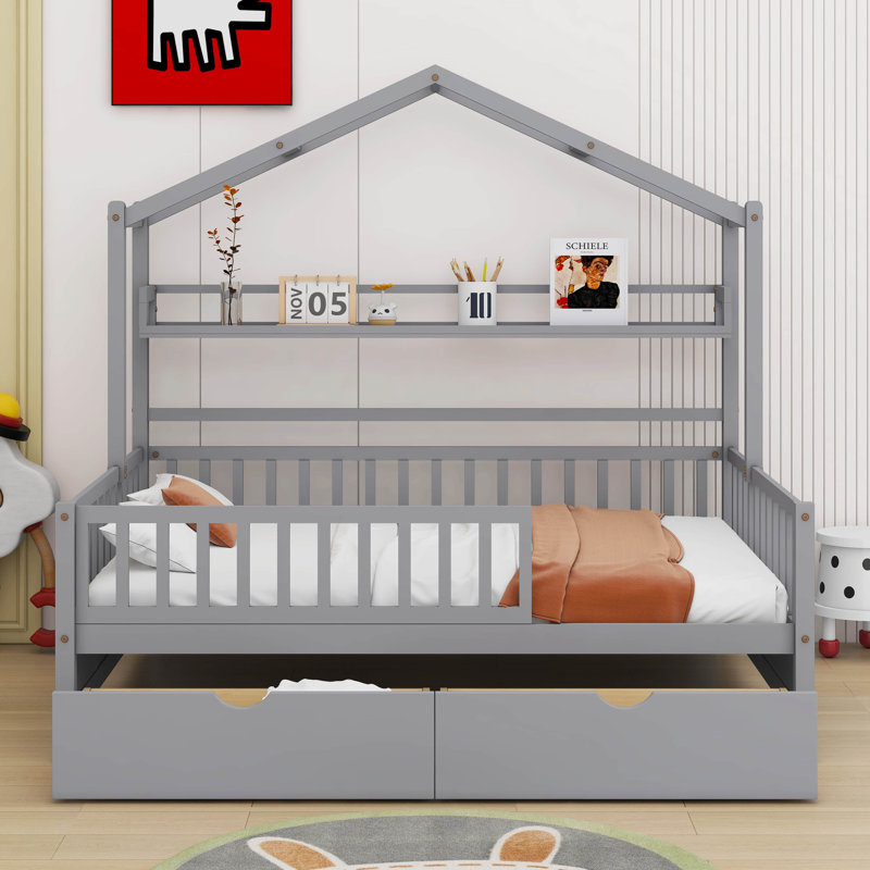 Lit avec tablette de rangement Zyreon, Gris, Double