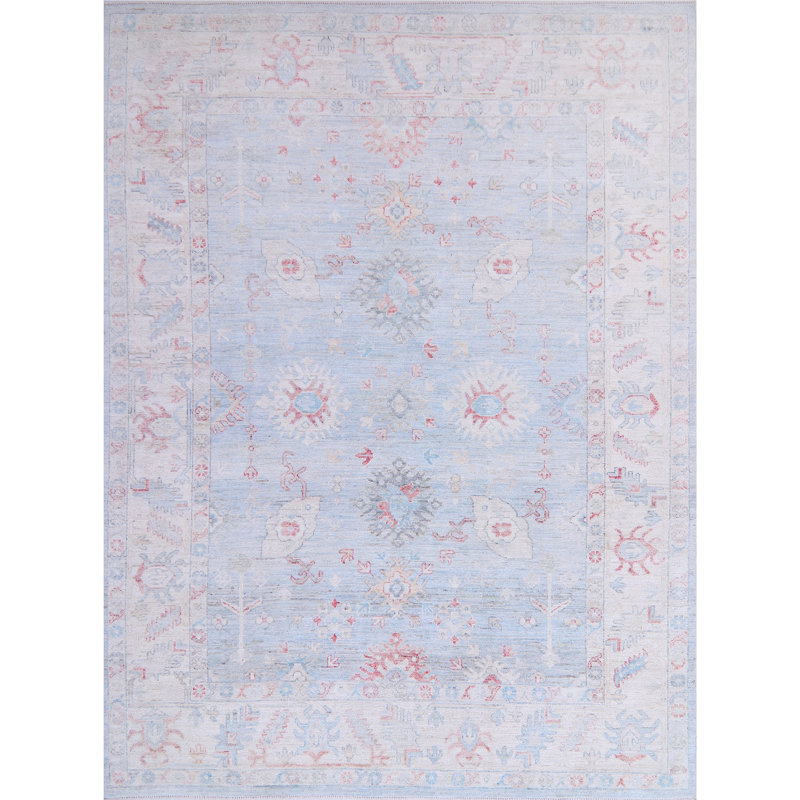 Tapis unique bleu, rouge et ivoire de 9 pi 4 po x 12 pi 3 po