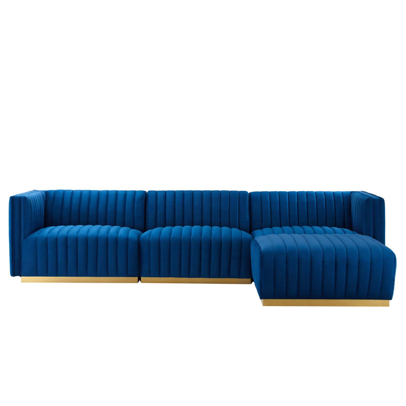 Conjure Channel Tufted Performance Velvet 4-Piece Sectional by Modway, Navy Velvet, Gold
