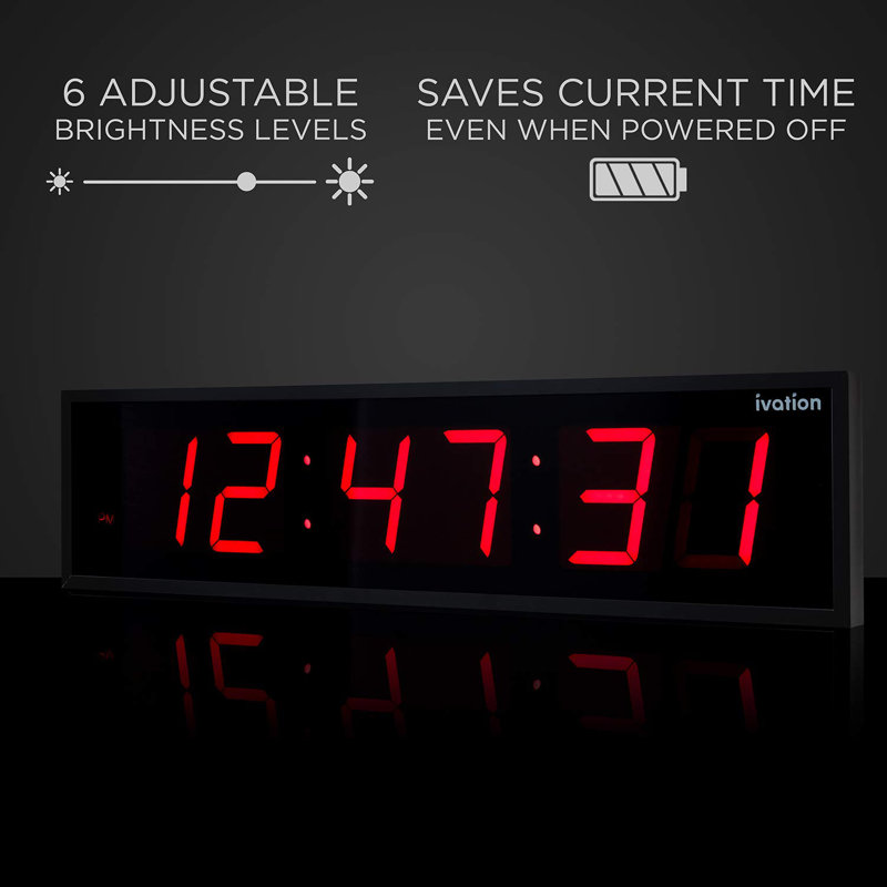 Horloge murale numérique à DEL, Rouge, H 8,75 po x l 36 po x P 1,75 po