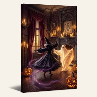 «Witch and Ghost Dancing with Pumpkins In Halloween», art mural sur toile