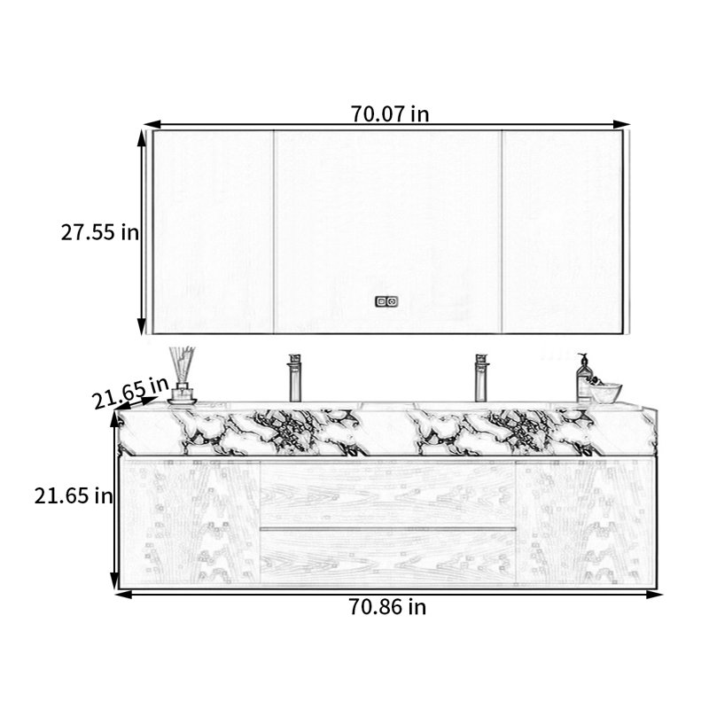 Nouvelle armoire de salle de bain de style chinois, H 21,65 po x l 70,86 po x P 21,65 po