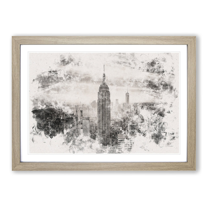 New York Skyline - Picture Frame Graphic Art Print, Oak Framed, 33cm H x 45cm W x 2cm D