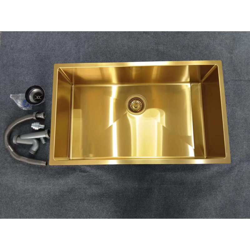 Brushed Gold Brass Single Bowl Undermount 16 Gauge Stainless Steel Kitchen Sink 30"
