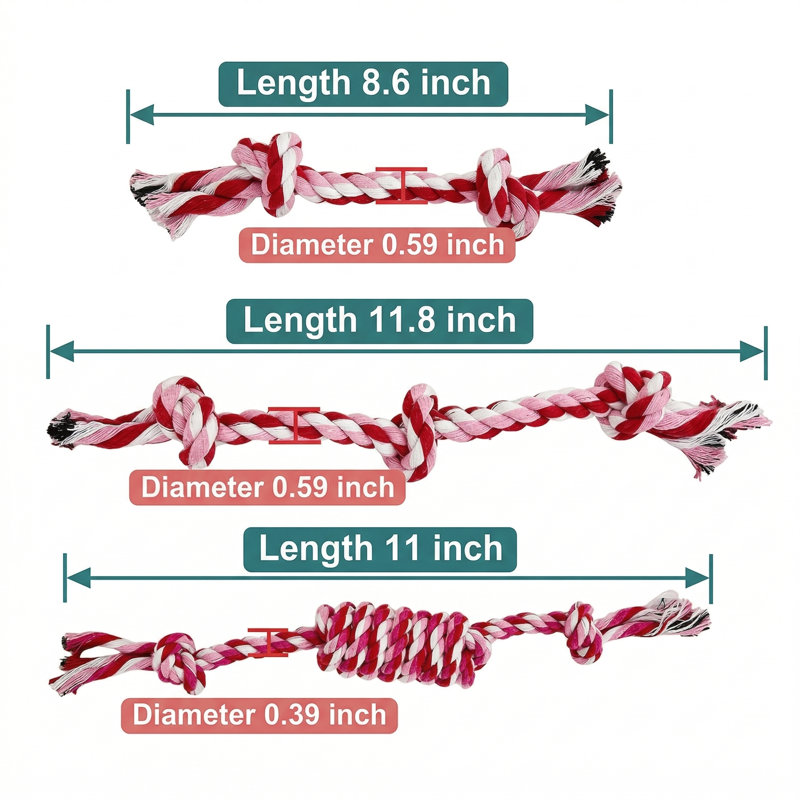 Paquet de 3 jouets en corde de coton pour petits chiens et chiots, jouet de dentition durable et tir à la corde, interactif sécuritaire pour animaux de compagnie de 2 à 8 mois, rose