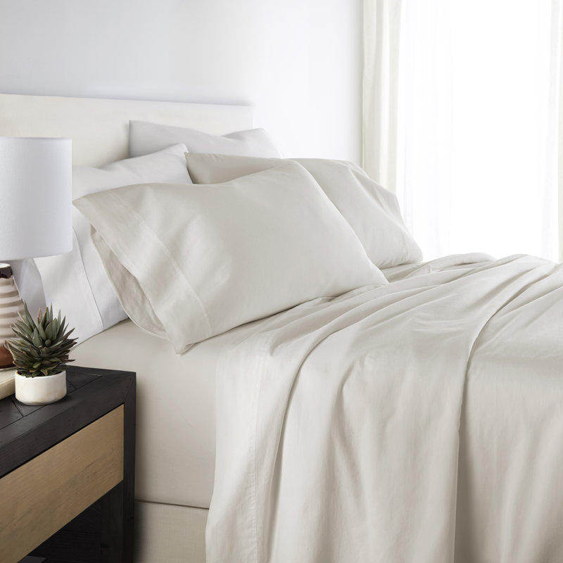 Ensemble de draps en coton Sateen, Ivoire, Ensemble de draps pour grand lit avec 2 taies d'or
