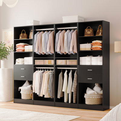 4-piece Set: 99.2"w Wardrobe Storage System With 4 Wooden Drawers, Adjustable Shelves And Hanging Rod