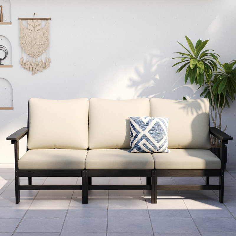 Canapé modulaire d'extérieur en PEHD moderne l 71 po avec coussins de 5 po d'épaisseur et texture de bois naturel