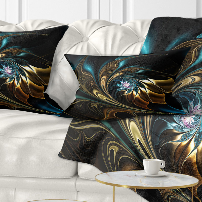 Brown Blue Fractal Flower in Black - Abstract Printed Pillow