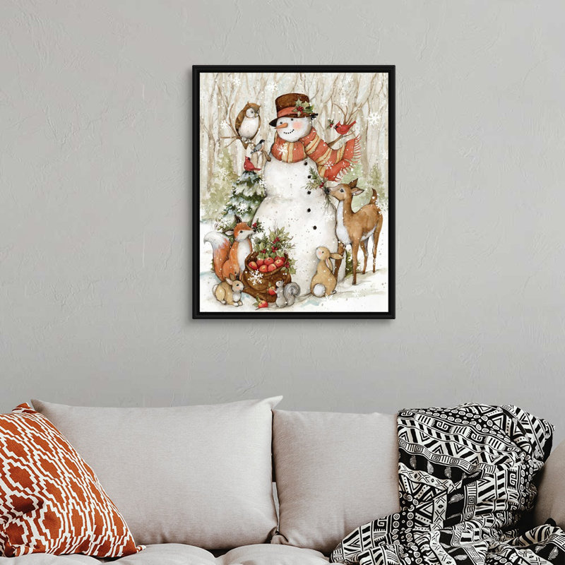«Meadowbrook Woodland Snowman» par Susan Winget - peinture sur toile tendue, H 31,25 po x l 25,25 po, Cadre blanc