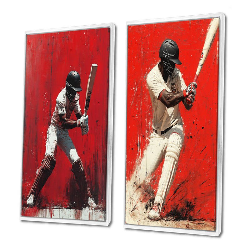 Ensemble de 2 pièces d'art rouge et noir Cricket Fast Bowling I - Cricket Sport, H 32 po x l 32 po, Cadre flottant blanc