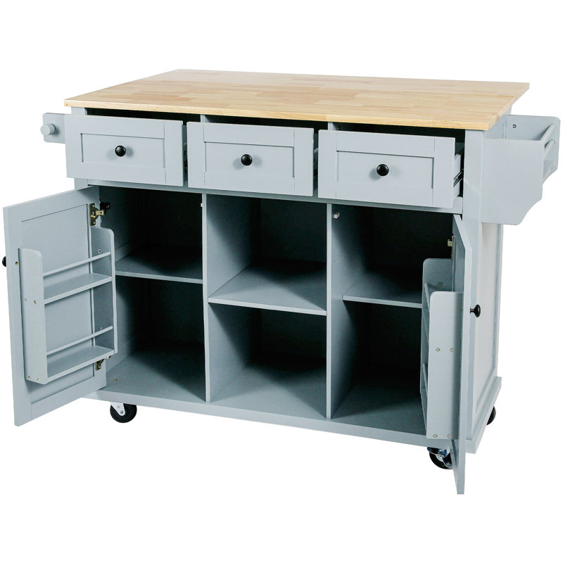 Kitchen Cart With Rubber Wood Drop-Leaf Countertop, Cabinet Door Internal Storage Racks, Kitchen Island On 5 Wheels With Storage Cabinet And 3 Drawers For Dinning Room